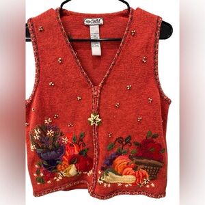 Vintage Tiara International Fall Harvest Embroidered Beaded Sweater Vest M